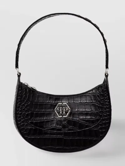 Philipp Plein Crocodile Texture Shoulder Bag With Adjustable Strap In Black