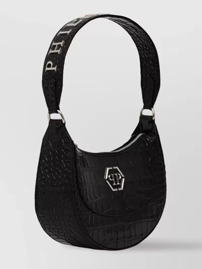 Philipp Plein Crocodile Texture Shoulder Bag With Adjustable Strap In Black