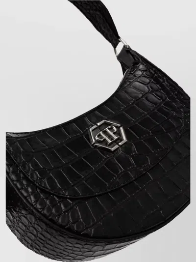 Philipp Plein Crocodile Texture Shoulder Bag With Adjustable Strap In Black