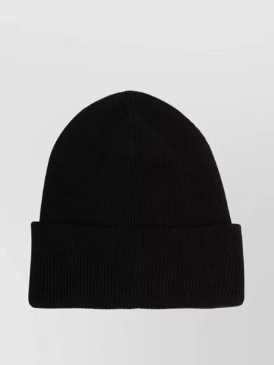 Canada Goose Ribbed Black Merino Wool Toque With Contrast Emblem In Black