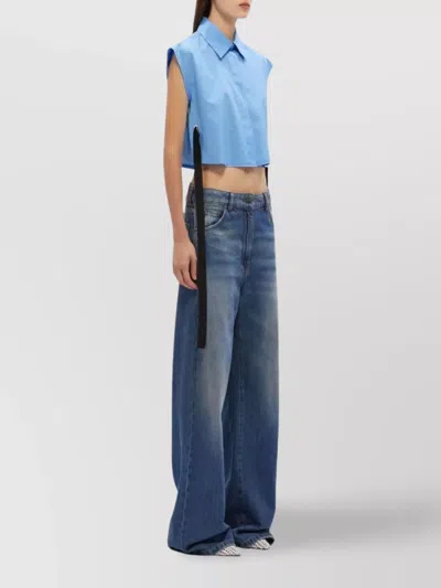 Msgm Cropped Shirt With Classic Collar In Blue