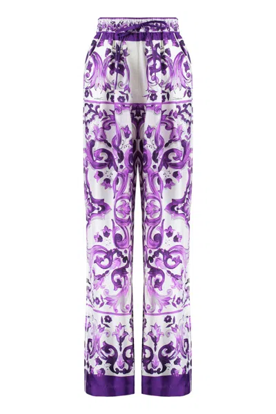 Dolce & Gabbana Maiolica Cropped Printed Silk-blend Flared Pants In Blue