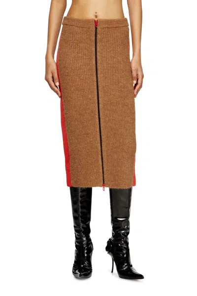 Diesel Midi Skirt In Alpaca With Front Zipper In Brown
