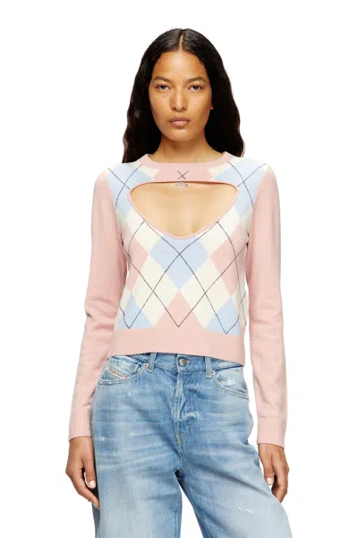 Diesel Cut-out Jumper In Argyle Wool In Pink