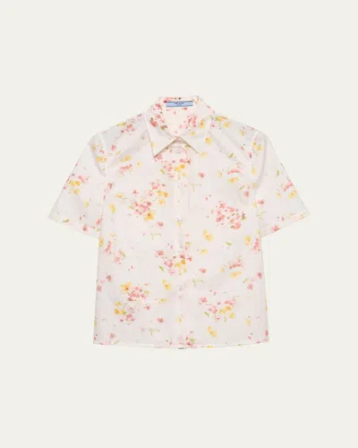 Prada Bouquet Poplin Short-sleeve Button-down Blouse In Multi