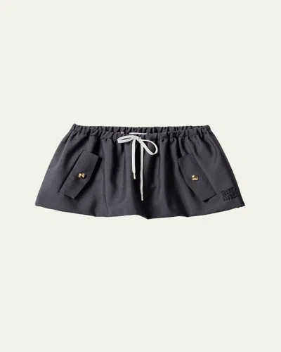 Miu Miu Mini Skirt Mohair Blend Drawstring Elastic Waistband Button In Black