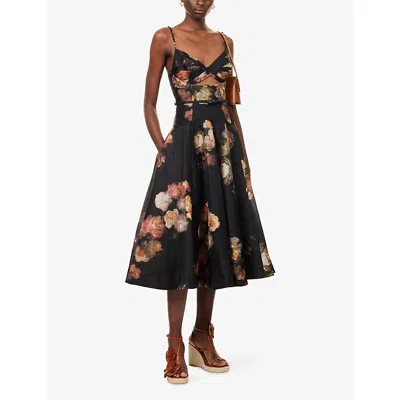 Zimmermann Hypnotic Embellished Belted Cutout Linen And Silk-blend Midi Dress In Multi