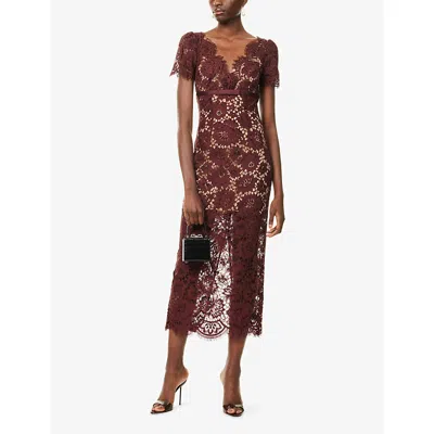 Self-portrait Self Portrait Burgundy Floral Lace Midi Dress In Brown