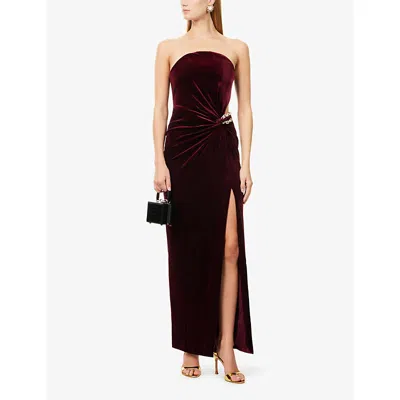 Self-portrait Strapless Cutout Embellished Gathered Velvet Maxi Dress In Brown