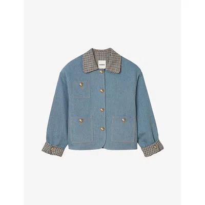 Sandro Womens Blue Jean Checked-collar Patch-pocket Denim Jacket In Blue