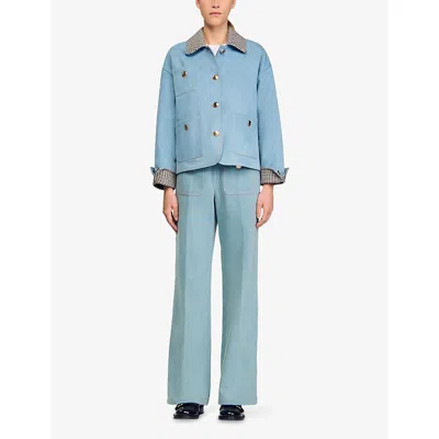 Sandro Womens Blue Jean Checked-collar Patch-pocket Denim Jacket In Blue