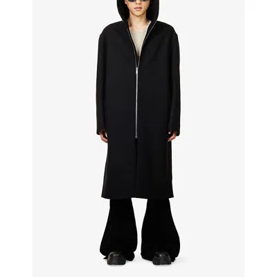 Rick Owens Men Black Coat With Fixed Hood And Rear Single Vent In Wool Man In Black