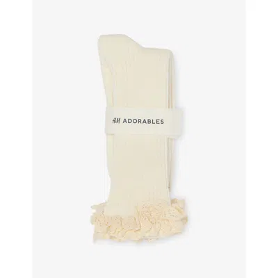 H&m Adorables White Dusty Light Lace-trim Ribbed Cotton-blend Socks In Neutral