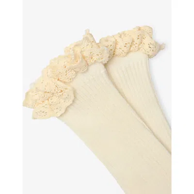 H&m Adorables White Dusty Light Lace-trim Ribbed Cotton-blend Socks In Neutral