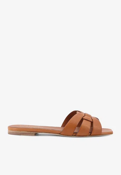 Saint Laurent Tribute Woven Leather Flat Sandals In Brown