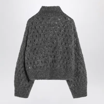 Brunello Cucinelli Grey Openwork Turtleneck Sweater Women In Gray