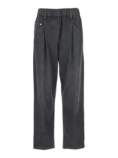 Brunello Cucinelli Grey Five Pocket Jeans With Elastic Waist In Blue