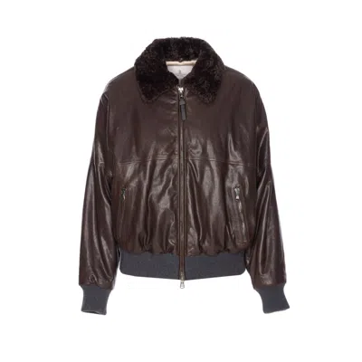 Brunello Cucinelli Leather Jacket With Shearling Collar In Brown