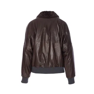 Brunello Cucinelli Leather Jacket With Shearling Collar In Brown