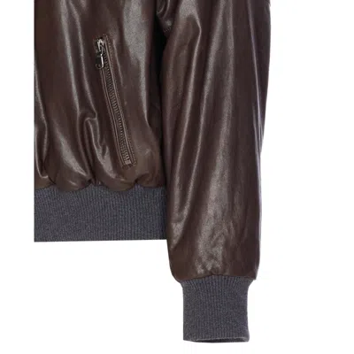 Brunello Cucinelli Leather Jacket With Shearling Collar In Brown