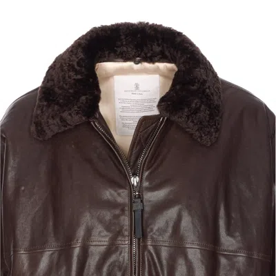 Brunello Cucinelli Leather Jacket With Shearling Collar In Brown