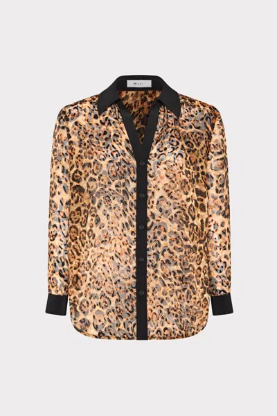 Milly Quincy Burnout Jacquard Long Sleeve Blouse In Brown