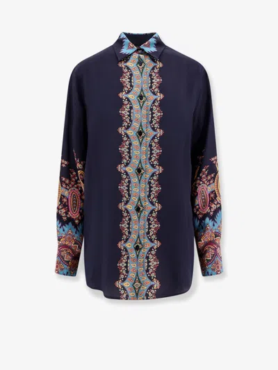 Etro Paisley Print Crepe De Chine Long-sleeved Shirt In Blue