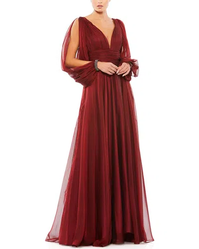 Mac Duggal V-neck A-line Chiffon Gown Beaded Cuffs In Garnet In Red