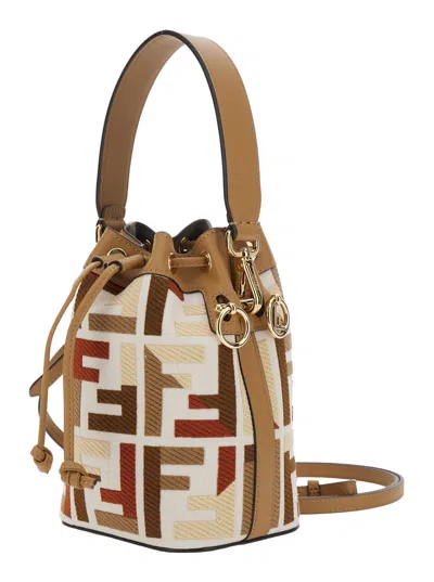 Fendi Mon Tresor Canvas Bucket Bag With Ff Embroidery In White