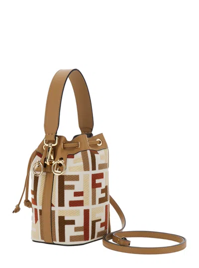 Fendi Mon Tresor Canvas Bucket Bag With Ff Embroidery In White