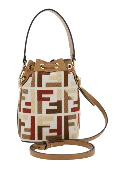 Fendi Mon Tresor Canvas Bucket Bag With Ff Embroidery In White