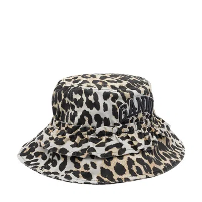 Ganni Leopard Print Canvas Bucket Hat With Ruffled Detailing In Animal Print