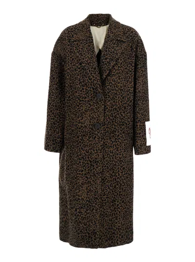 Golden Goose Single-breasted Cocoon Wool Coat With Jacquard Motif In Brown