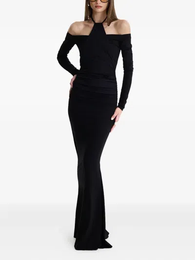 Moos Studio Shadow Spiral Off-shoulder Fishtail Maxi Dress In Black