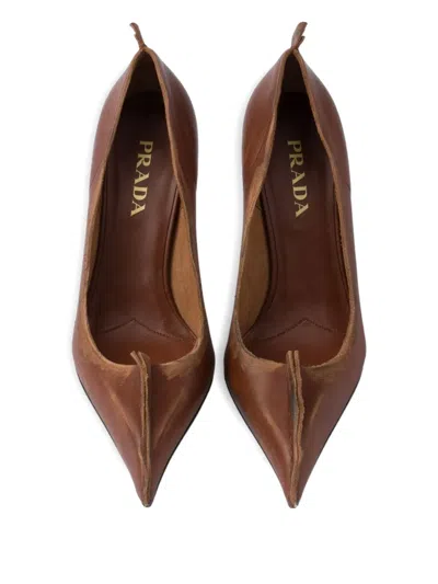 Prada Pointed Toe Stiletto Leather Pumps In Brown