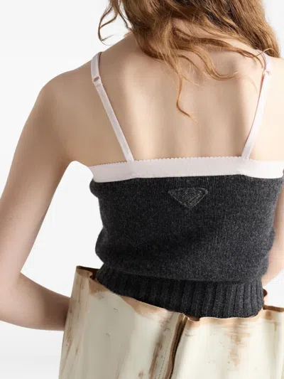 Prada Adjustable Ribbed-knit Top In Gray
