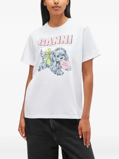 Ganni Women Puppy Print And Logo T-shirt In White