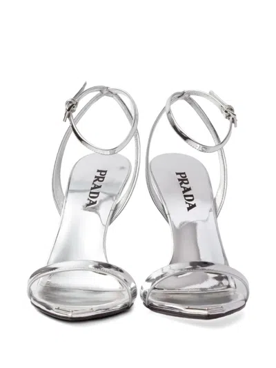 Prada Silver Metallic Leather High Sandals In Silver
