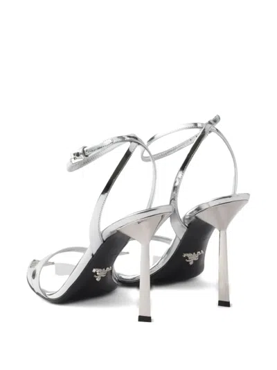 Prada Silver Metallic Leather High Sandals In Silver