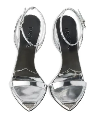 Prada Silver Metallic Leather High Sandals In Silver
