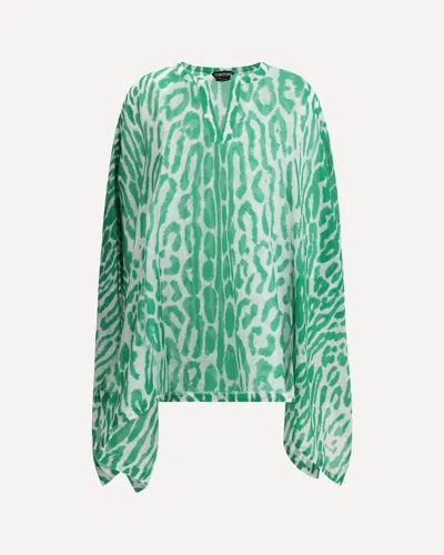 Tom Ford Leopard Print Silk Top In Green