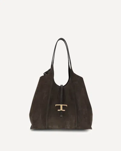 Tod's Dual Handle Metal Hardware Open Top Suede Finish In Black