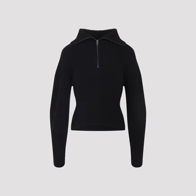 Lemaire High Collar Wool Sweater With Half-zip Closure In Black