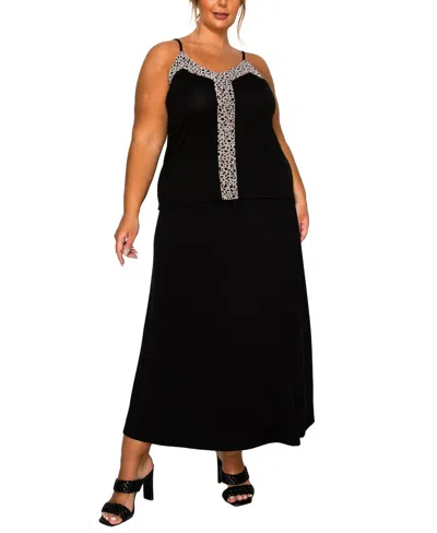 Coin 1804 Plus Size Pebble Mesh Mix Panel Camisole Tank Top In Black