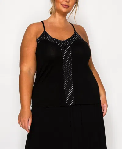 Coin 1804 Plus Size Dot Mesh Rayon Mix Panel Camisole Tank Top In Black