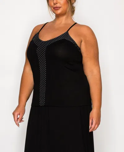 Coin 1804 Plus Size Dot Mesh Rayon Mix Panel Camisole Tank Top In Black