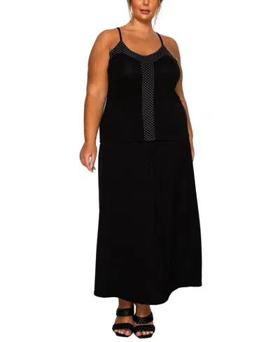 Coin 1804 Plus Size Dot Mesh Rayon Mix Panel Camisole Tank Top In Black