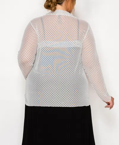 Coin 1804 Plus Size Dot Mesh Button Front Long Sleeve Top In White
