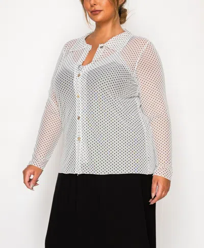 Coin 1804 Plus Size Dot Mesh Button Front Long Sleeve Top In White