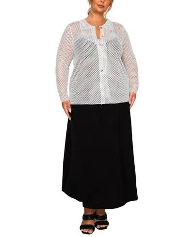 Coin 1804 Plus Size Dot Mesh Button Front Long Sleeve Top In White